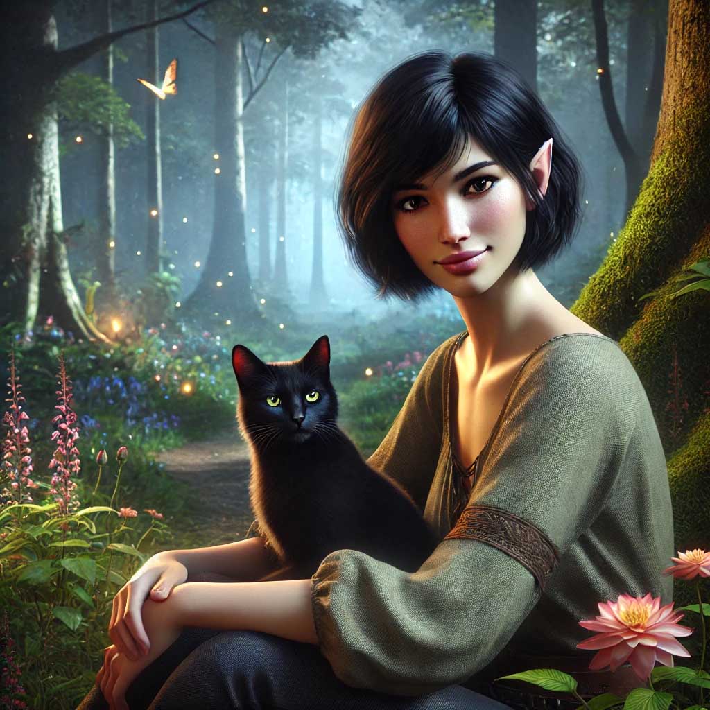 Sitting by the water’s edge was a woman with sparkling eyes and a mischievous smile. She wore a green shirt that blended with the forest and had a black cat sitting on her lap. Alana looked up and smiled as the children approached.