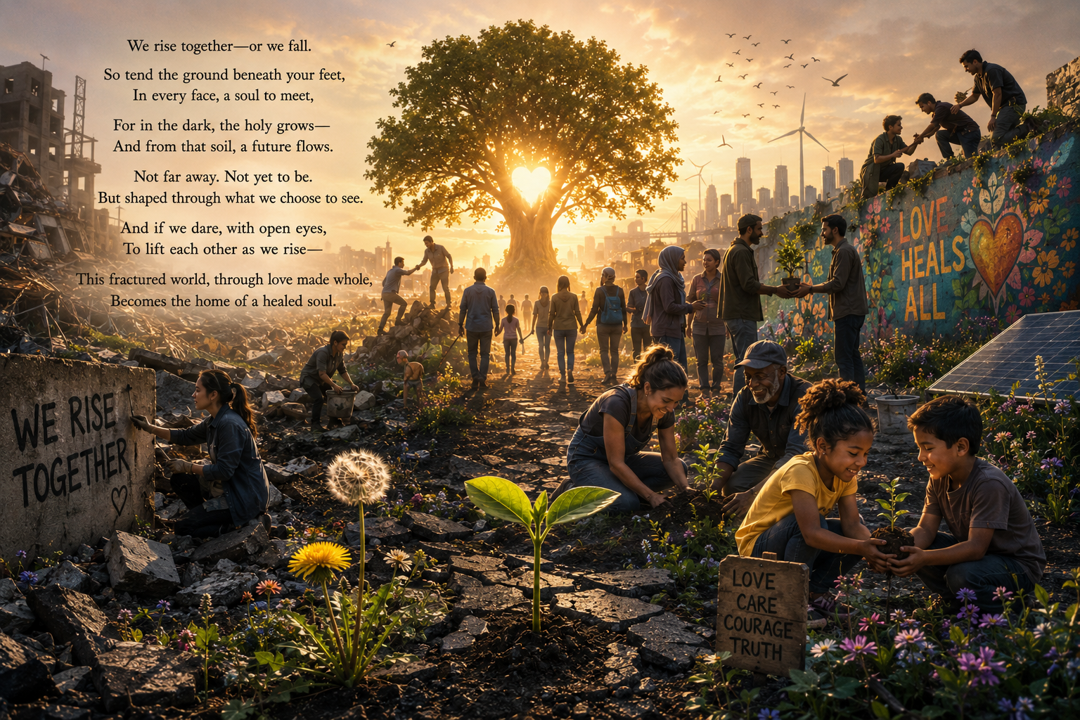 We rise together—or we fall.<br />
So tend the ground beneath your feet,<br />
In every face, a soul to meet,<br />
For in the dark, the holy grows—<br />
And from that soil, a future flows.<br />
Not far away. Not yet to be.<br />
But shaped through what we choose to see.<br />
And if we dare, with open eyes,<br />
To lift each other as we rise—<br />
This fractured world, through love made whole,<br />
Becomes the home of a healed soul.