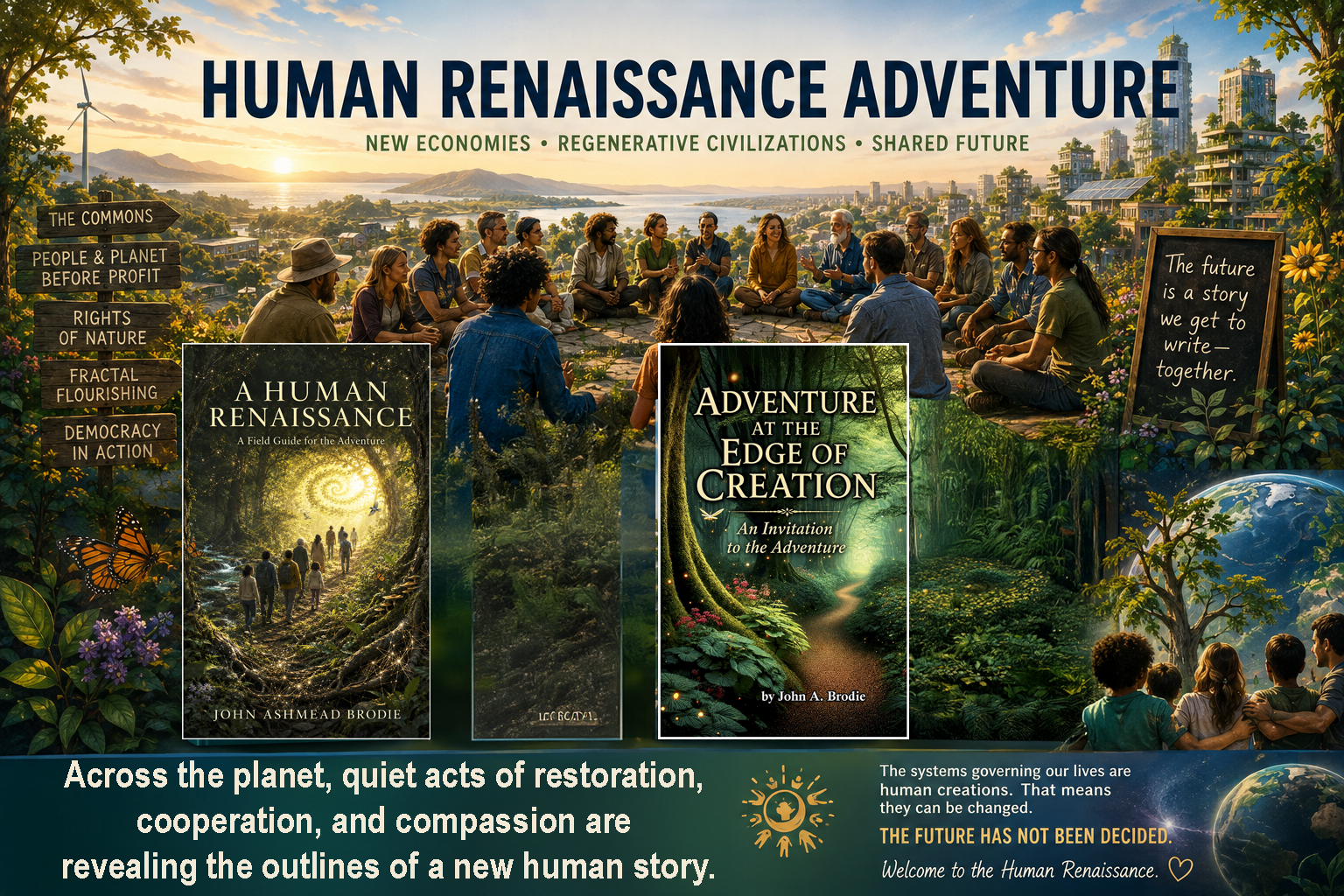 Human Renaissance Adventure: people gather in a flourishing green community, with John Brodie’s books A Human Renaissance and Adventure at the Edge of Creation inviting readers to help shape a compassionate, regenerative future.